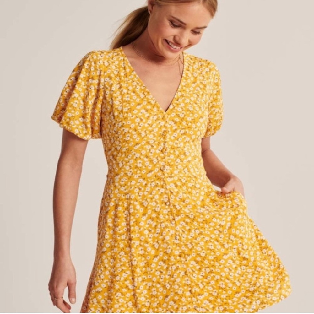 Abercrombie Floral Button-Down Puff-Sleeve Dress, Size XS